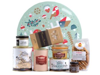 Coffret gastronomique canard et oie bo&icirc;te &eacute;l&eacute;gante No&euml;l La Combe de Job Objat Brive Corr&egrave;ze : foie gras cou oie farci g&eacute;siers oie confit canard chocolat Pralus sabl&eacute;s noix