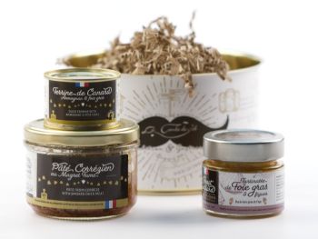 Coffret cadeau moustache La Combe de Job présenté dans une conserve détournée avec trois spécialités corréziennes artisanales
