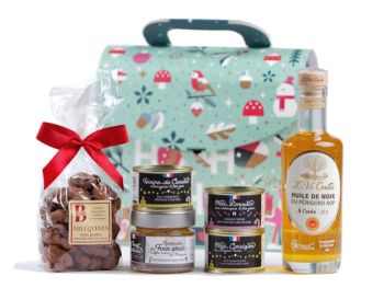 Coffret gourmand original No&euml;l 2026 La Combe de Job Brive Corr&egrave;ze : tartinable foie gras truffes noires p&acirc;t&eacute;s artisanaux huile de noix P&eacute;rigord AOP Arlequines B&eacute;quignol chocolat