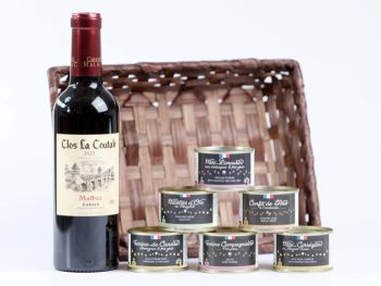 Corbeille gourmande artisanale 6 conserves p&acirc;t&eacute;s rillettes terrines et Cahors Malbec Clos la Coutale, cadeau La Combe de Job Objat Brive Corr&egrave;ze