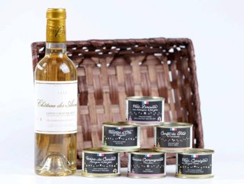 Corbeille gourmande artisanale 6 conserves p&acirc;t&eacute;s rillettes terrines et Sainte-Croix-du-Mont vin moelleux, cadeau La Combe de Job Objat Brive Corr&egrave;ze moins de 25 &euro;