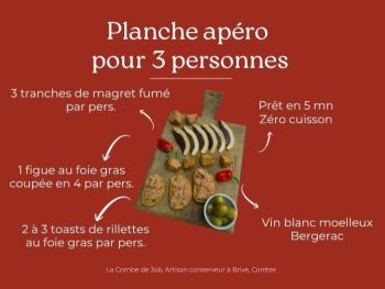 Infographie planche ap&eacute;ro : figues farcies foie gras, magret fum&eacute;, toasts rillettes canard Sud-Ouest &mdash; z&eacute;ro cuisson, pr&ecirc;t en 5 minutes, accord Bergerac moelleux