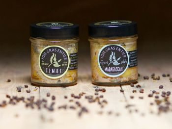 foie gras de canard entier aux poivres, bocal 90g, artisan corr&egrave;ze