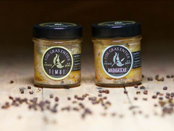 foie gras de canard aux poivres, bocaux de 90g, artisan Corr&egrave;ze