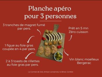 Infographie planche ap&eacute;ro artisanale : toasts rillettes canard au foie gras, magret fum&eacute;, figues farcies &mdash; 5 minutes, z&eacute;ro cuisson, vin Bergerac blanc moelleux