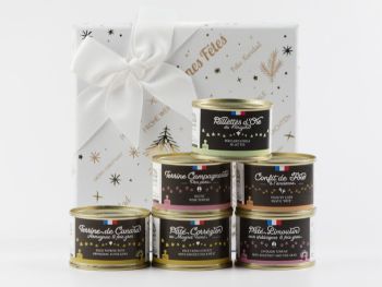 Coffret gourmand découverte corrézienne – idée cadeau à petit prix avec pâtés et rillettes artisanaux de Corrèze.